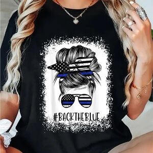 Black messy bun Graphic Tee with Back the Blue Accents new in package